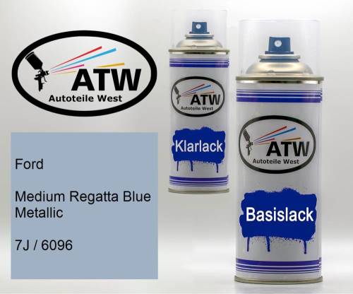 Ford, Medium Regatta Blue Metallic, 7J / 6096: 400ml Sprühdose + 400ml Klarlack - Set, von ATW Autoteile West.